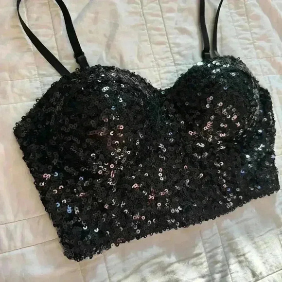 Wet seal black sequin corset top women’s size medium gothic crop dainty - Picture 2 of 7